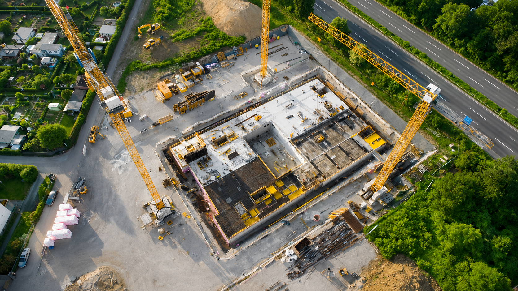 Active construction site with equipment and project infrastructure