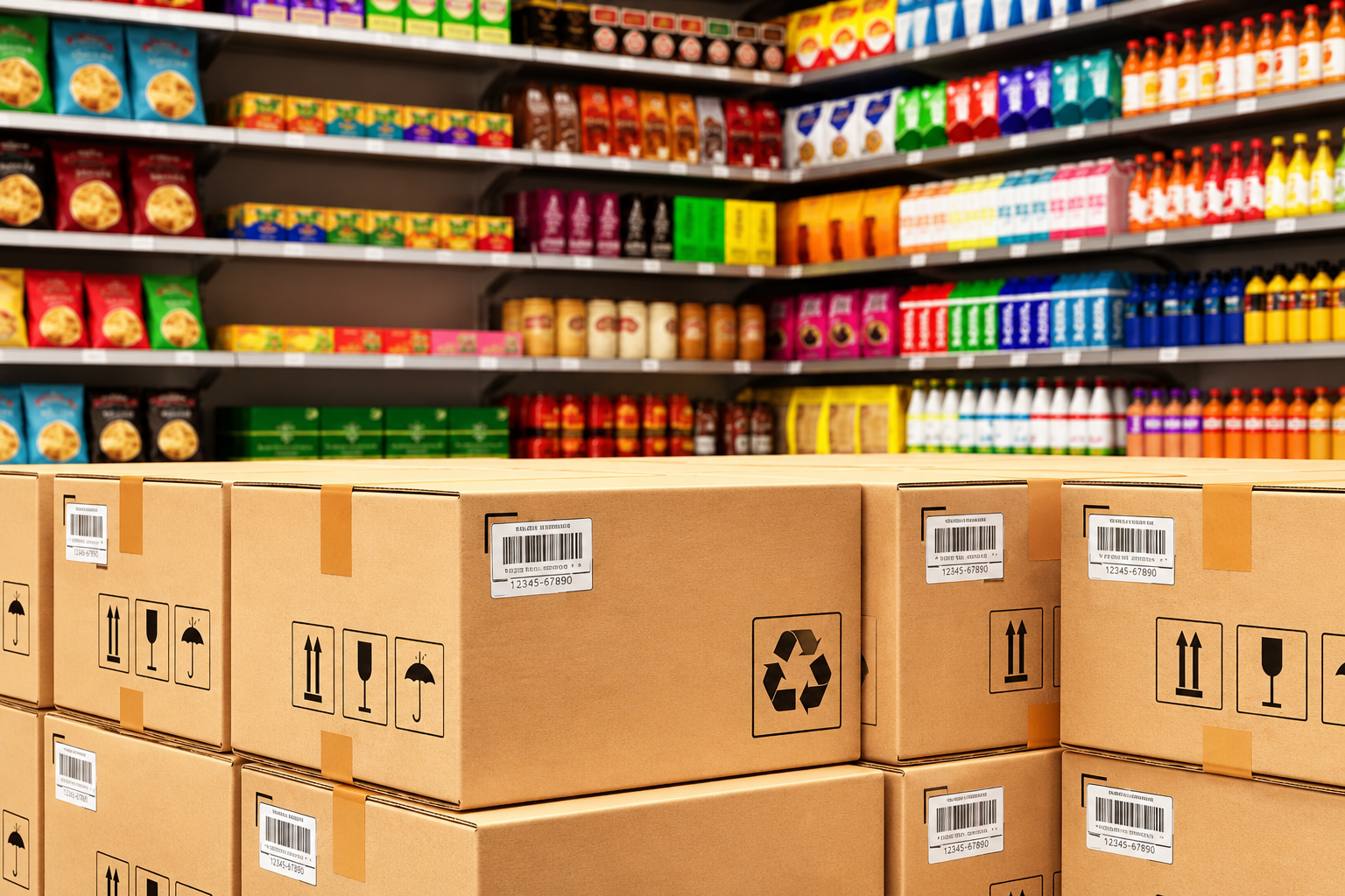 Consumer products inventory boxes in a retail aisle